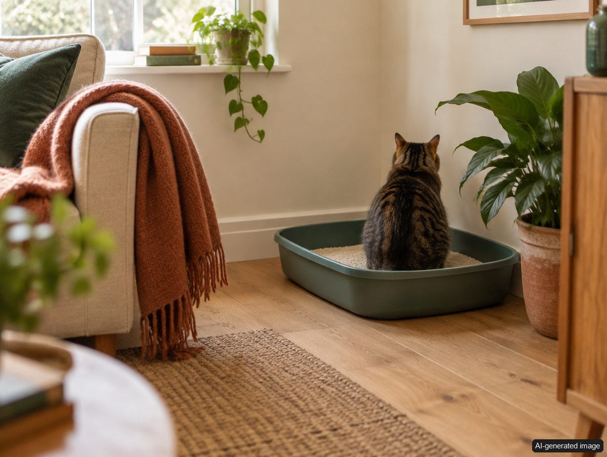A tabby cat sitting calmly in a wide, open litter tray in a bright living room