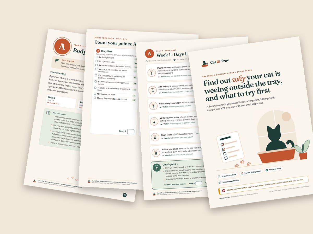 Real pages from the Cat & Tray guide: cover, scoring, Plan A week 1